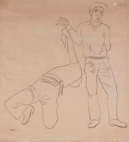 Two men dancing the 'Tsamikos' 74.5 x 68.5 cm. Yiannis Tsarouchis(Greek, 1910-1989)