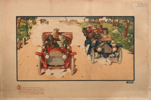 A pair of motoring lithographs from Turin Motor Show 1907,