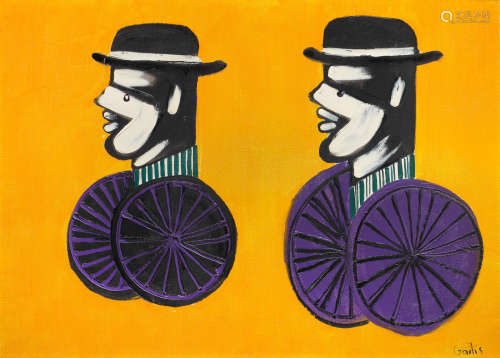 Two men on bicycles 50 x 70 cm. Yannis Gaïtis(Greek, 1923-1984)
