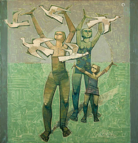 Playing with doves 137 x 132 cm. Menelaos  Katafigiotis(Greek, 1926-1997)