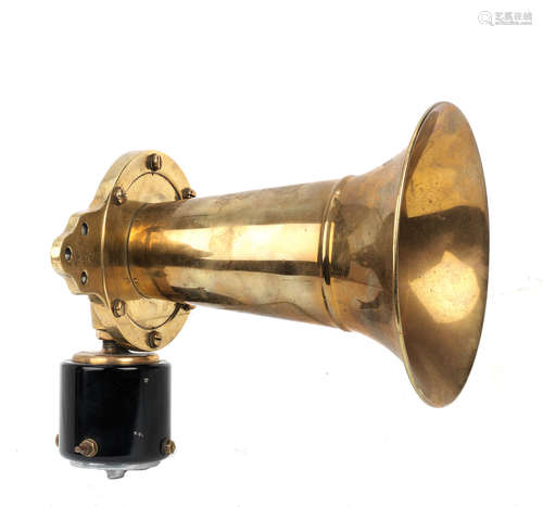 A 12 Volt Klaxon horn with long oval brass trumpet,