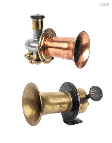 Two hand-operated trumpet horns,