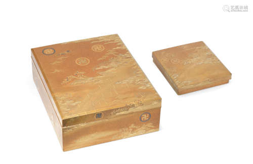 A matching gold-lacquer suzuribako (box for writing utensils) and ryoshibako (document box) set and covers  Edo period (1615-1868) or Meiji era (1868-1912), late 19th century/early 20th century