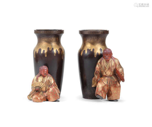 An unusual pair of gold-lacquer tall ovoid jars and Shojo (drunken spirit)  Meiji era (1868-1912), late 19th/early 20th century
