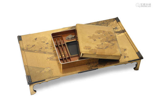 A set of bundai (writing table) and suzuribako (writing box) and cover  By Kumazawa Shinsho, Meiji (1868-1912) or Taisho (1912-1926) era, early 20th century