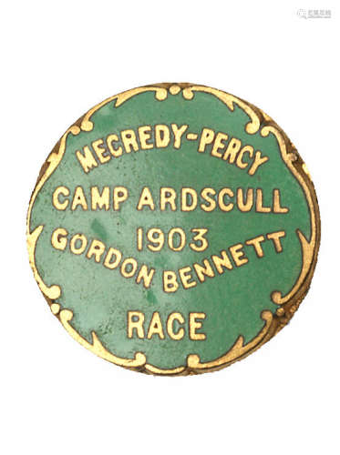 A rare 1903 Gordon Bennett Race enamel lapel badge formerly the property of Harry Smith, Managing Director of Rover Cars,