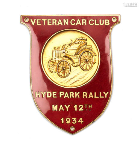A VETERAN CAR CLUB 1934 HYDE PARK RALLY ENAMEL BADGE,