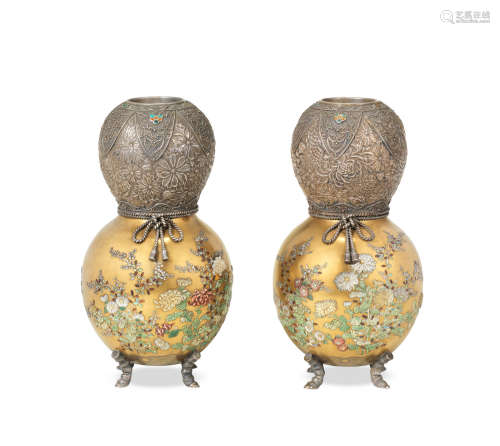 A fine and unusual pair of silver and gold lacquer Shibayama inlaid vases  Meiji era (1868-1912), late 19th/early 20th century