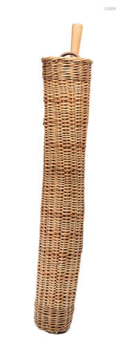 A wicker umbrella basket,