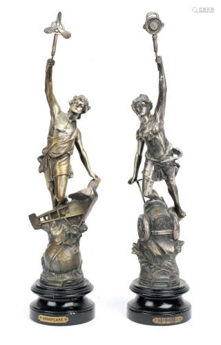 'Automobile' and 'Aviation', a pair of allegorical desk figures after Ferrand, circa 1910,