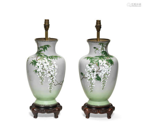 A pair of cloisonné-enamel moriage baluster vases mounted as lamps  By Kawade Shibataro, Meiji era (1868-1912), late 19th/early 20th century