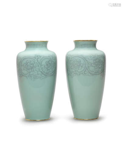 A Pair of baluster cloisonné-enamel vases    By Hayashi Tanigoro of Nagoya, Meiji (1868-1912) or Taisho (1912-1926) era, early 20th century