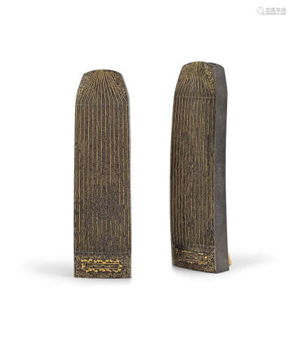 A pair of inlaid iron kakebanaike (hanging flower vases)    By the Komai Company, Meiji era (1868-1912), late 19th/early 20th century