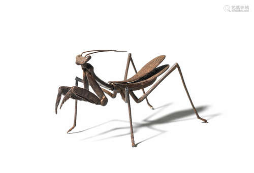 An iron articulated model of a praying mantis  Probably by a member of the Myochin lineage, Meiji (1868-1912) or Taisho (1912-1926) era, late 19th/early 20th century