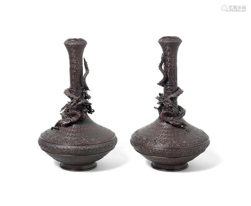 A pair of bronze vases   By the Miyao Eisuke workshop of Yokohama, Meiji era (1868-1912), late 19th/early 20th century