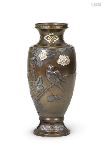 An inlaid bronze slender vase   By Suzuki Chokichi (1848-1919), Meiji era (1868-1912), circa 1870s-1880s