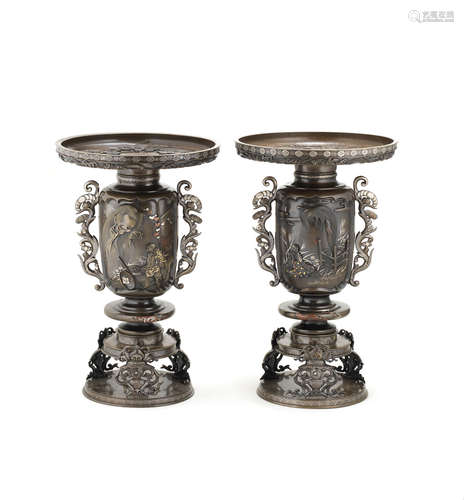 An Important Early Pair of Bronze Usubata ('Thin-Rimmed') Vases  By Tamagawa Mitsukiyo, Meiji era (1868-1912), circa 1880