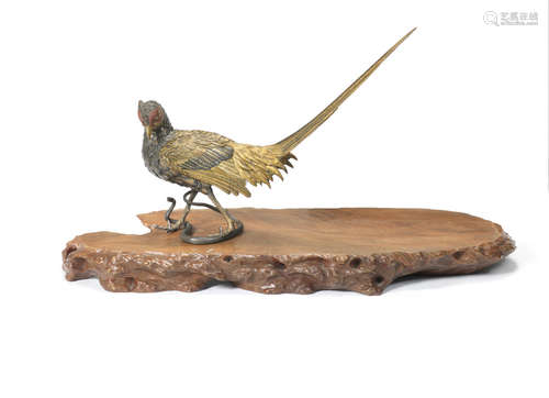 A gilt-bronze okimono of a pheasant and snake   By Genryusai Seiya, Meiji era (1868-1912), late 19th/early 20th century