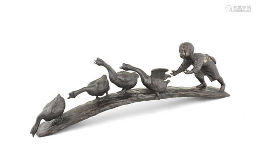 A Tokyo School bronze okimono of a boy and four geese  By Izumi Seijo (1865-1937) for the Kaneda Company, Meiji era (1868-1912), late 19th/early 20th century