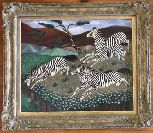 Lawrence Lebduska Oil Painting Zebra in Landscape