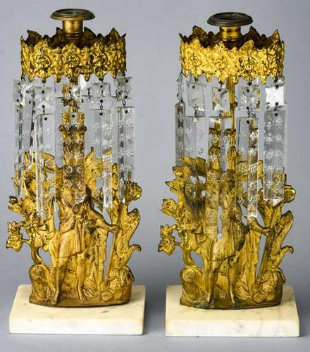 Pair Antique Ormolu Marble & Crystal Candlesticks