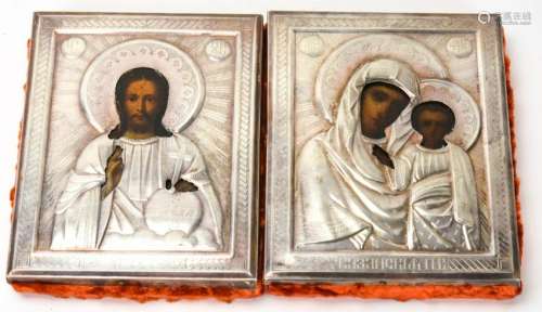 Pair 19C Silver Overlay Russian Icons