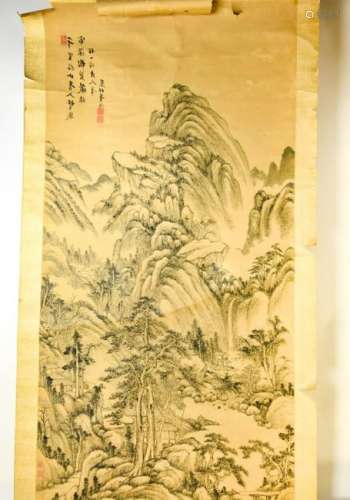 Chinese Mountain Landscape & Poem Scroll Painting