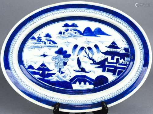 Chinese Canton Blue & White Porcelain Platter