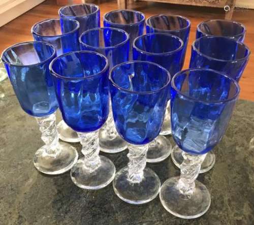 Signed Blue & Clear Blown Art Glass Goblets