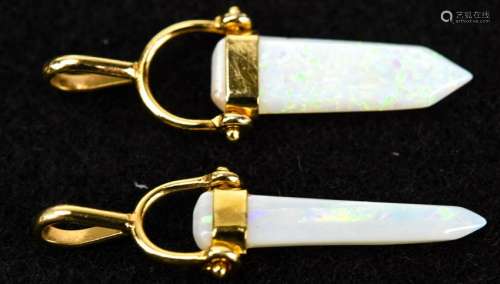 Two Gold & Carved Opal Articulated Spear Pendants