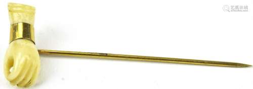 Antique 19th C Gold Carved Bone Hand Stick Pin