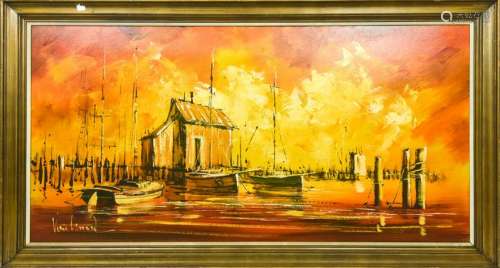 Mid Century Van Gaard Boat Scene Painting