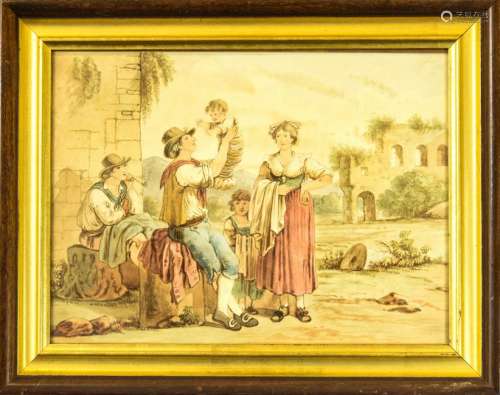 Antique 19th C Watercolor Painting of Gypsies