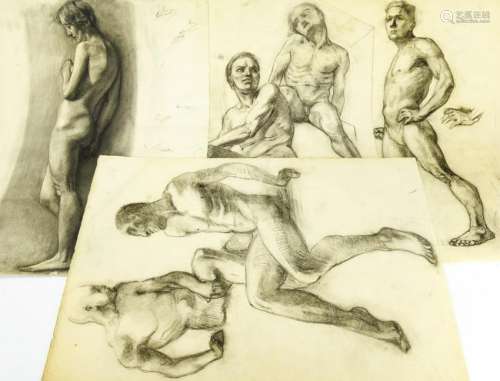4 Mid Century Charcoal Nude Model Sketches