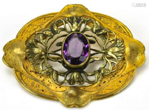 Antique Art Nouveau Amethyst Crystal Large Brooch