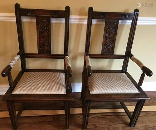 Pair Arts & Crafts Style Hand Carved Arm Chairs