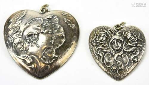 2 Sterling Silver Art Nouveau Heart Pendants
