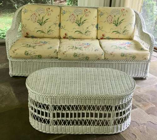 Vintage White Wicker Settee & Coffee Table