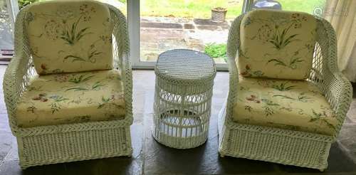 Pair White Wicker Arm Chairs & Side Table