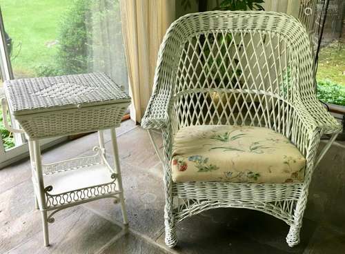 White Wicker Arm Chair & End / Side Table