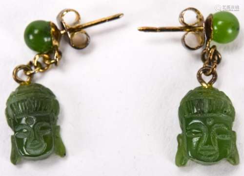 Pair Carved Jade Buddha Head Earrings