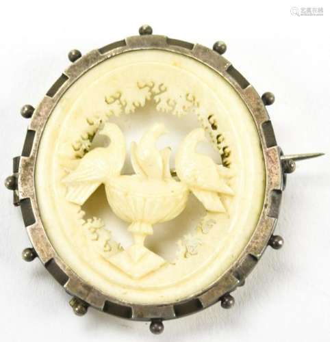 Antique 19th C Carved Horn Doves of Pliny Brooch