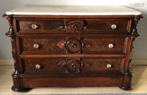 19 Century Carved Burled Wood Marble Top Dresser