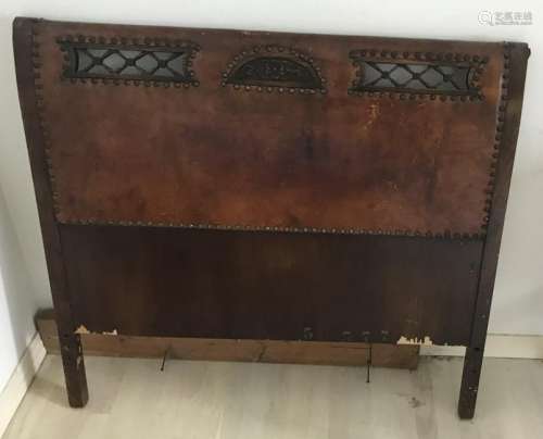 Antique Carved Wood Leather Upholstered Headboard