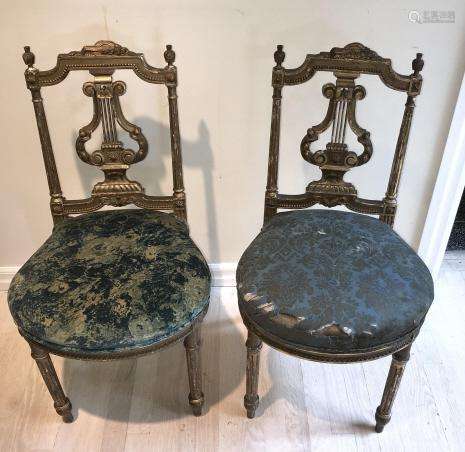 Pair Antique Lyre Motif Gold Chairs