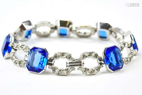 Art Deco Style Sterling & Blue Crystal Bracelet