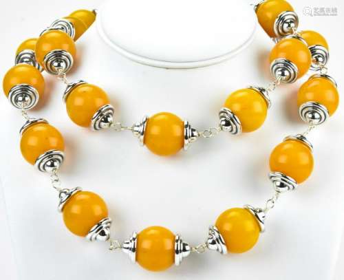 Vintage Faux Amber & Silver Tone Necklace