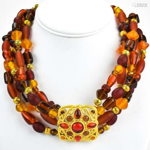 Vintage Amber Tone Art Glass Four Strand Necklace