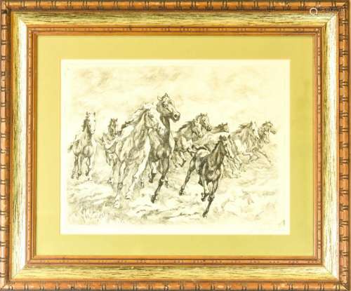 Signed Etching of a Herd of Horses - Framed