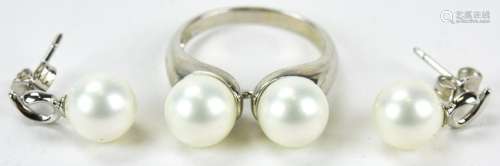 Sterling & Mother of Pearl Bead Ring & Earrings